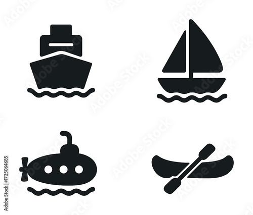 Vector icons of different types of watercraft: boat, sailboat, submarine, canoe