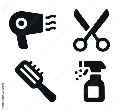 Hair styling icons: hairdryer, scissors, brush, spray bottle symbols