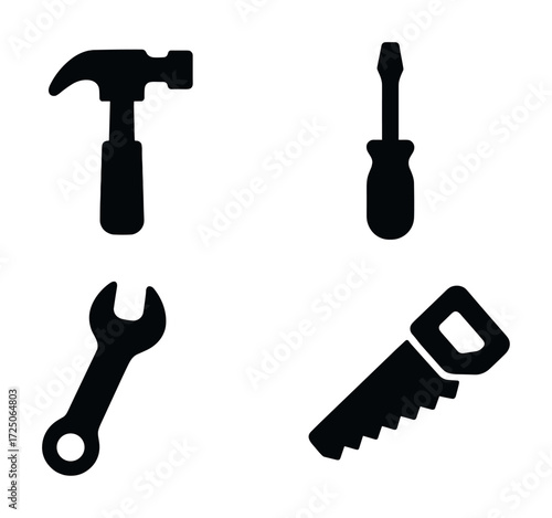 Set of four black tool icons: hammer, screwdriver, wrench, saw