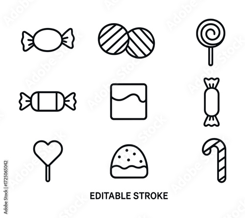 Set of nine candy icons: lollipop, heart, candy cane and more