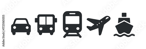 Black transportation icons: car, bus, train, airplane, and ship illustrations