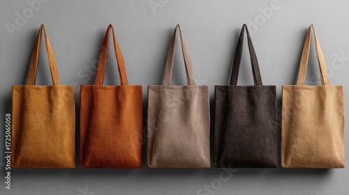 Five reusable shopping bags, various earthy tones, hanging on a gray background