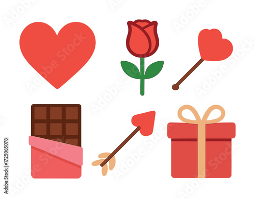 Valentine's day icons: heart, rose, chocolate, arrow, gift box