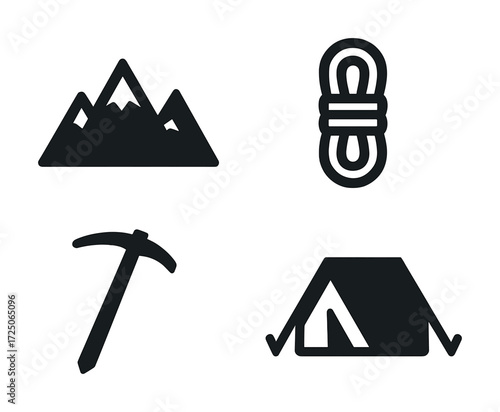 Mountain expedition icons: tent, rope, pickaxe, and peaks in simple black style