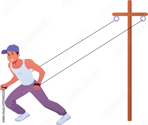 Athlete in sportswear does pull the weight exercise, vector cartoon sportsman character training strength with equipment