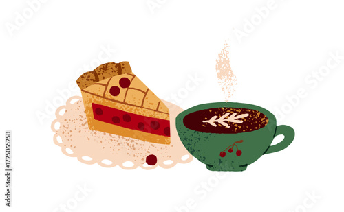 Cup of coffee with latte art and dessert in bakery. Mug of decaf drink with piece of pie in coffeehouse. Hot beverage with pastry. Flat isolated hand drawn vector illustration on white background