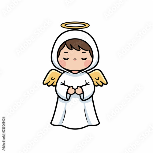 Adorable Cartoon Angel Character with Halo and Wings, Standing Peacefully with Hands Clasped in a Serene Pose