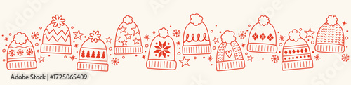 Christmas banner with hand drawn winter hats. Vector illustration