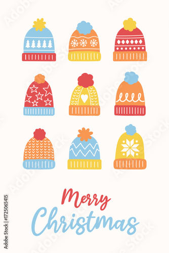 Christmas poster with funny hand drawn winter hats. Vector illustration