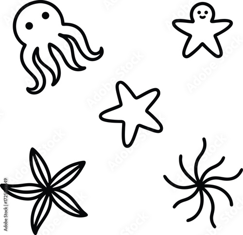 patterned sea creatures octopus jellyfish star illustration on transparent background