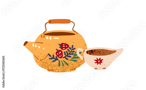 Cute kettle and gravy boat for breakfast. Metal teapot for boiling water and cup of milk. Pot for cooking tea, hot drinks, beverages. Flat isolated hand drawn vector illustration on white background