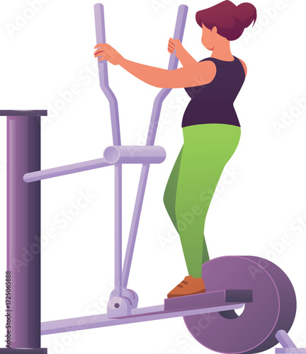 Woman doing stationary exercise workout, cardio training on sport equipment, vector athlete girl, street or gym workout