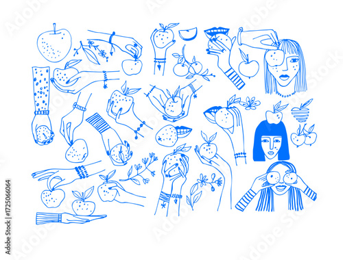 Vector illustration of an apple eating process in a linear style. Woman eats apples 