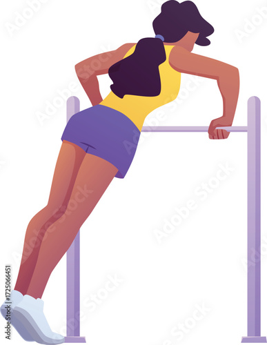Athlete woman in sportswear does push-ups exercise on horizontal bar, vector sportswoman training, street or gym workout