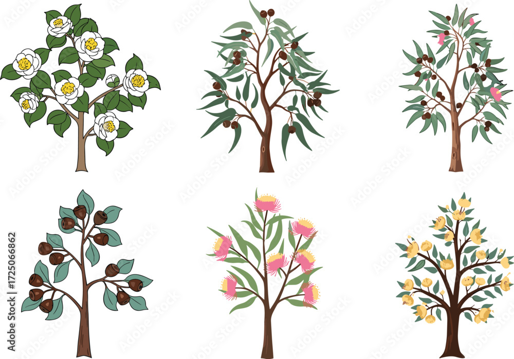 Naklejka premium Botanical tree illustration, flowering trees, fruit trees, seasonal foliage, vector plant set, nature clipart, garden flora, educational graphic, stock art