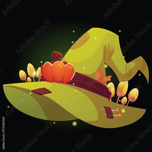 Magic green witch hat with needles, pumpkins, mushrooms, glowing particles.