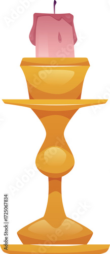 Candle on a vintage golden stand vector flat illustration, cartoon paraffin candle with dripping or flowing wax isolated
