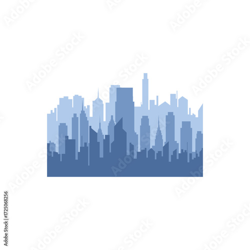 A stylized silhouette of a city skyline, featuring various building shapes and heights, rendered in shades of blue.