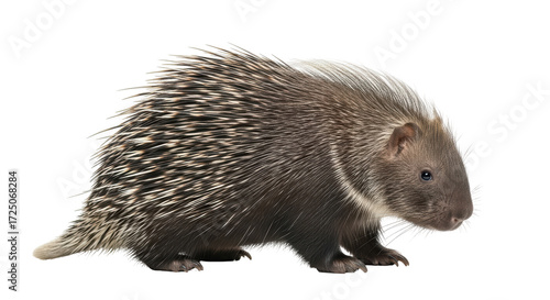 Isolated rodent mammal is walking, a porcupine has quills for protection and defense