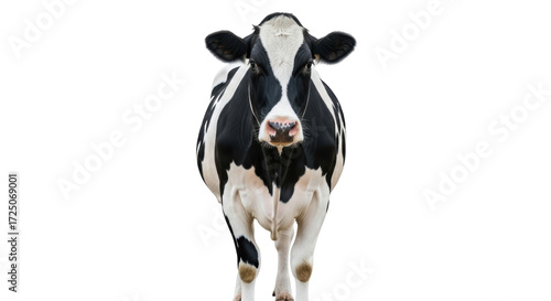Isolated Holstein cow standing looking forward, front view, farm animal with black markings