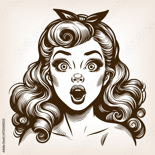 young woman with curly hair, wide eyes, and an exaggerated crooked smile of surprise sketch engraving generative ai fictional character vector illustration. Scratch board imitation. Black and white.