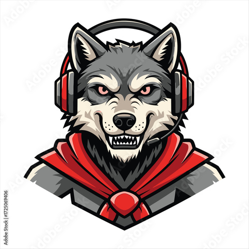 Gaming Wolf Mascot Logo Fierce Gamer Wolf with Headset and Cape