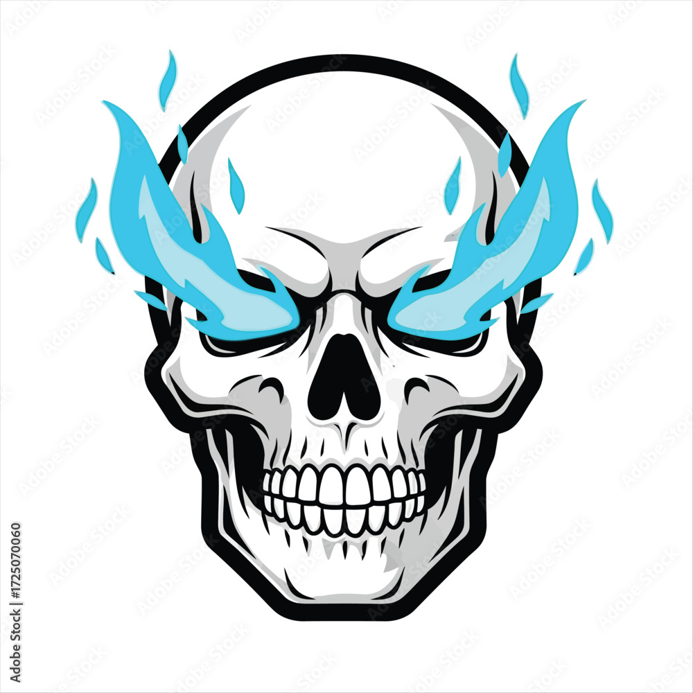 Fototapeta premium Vector illustration of a menacing human skull with supernatural blue fire blazing from its eye sockets, isolated on a white background