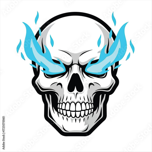 Vector illustration of a menacing human skull with supernatural blue fire blazing from its eye sockets, isolated on a white background