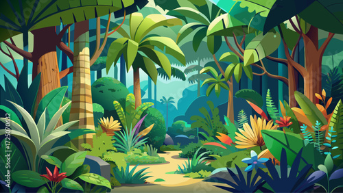 Tropical 3D paper cut jungle leaves, exotic rainforest plants, lush foliage border, botanical poster design, greenery frame, vibrant tropical forest background, vector illustration, summer paradise 
