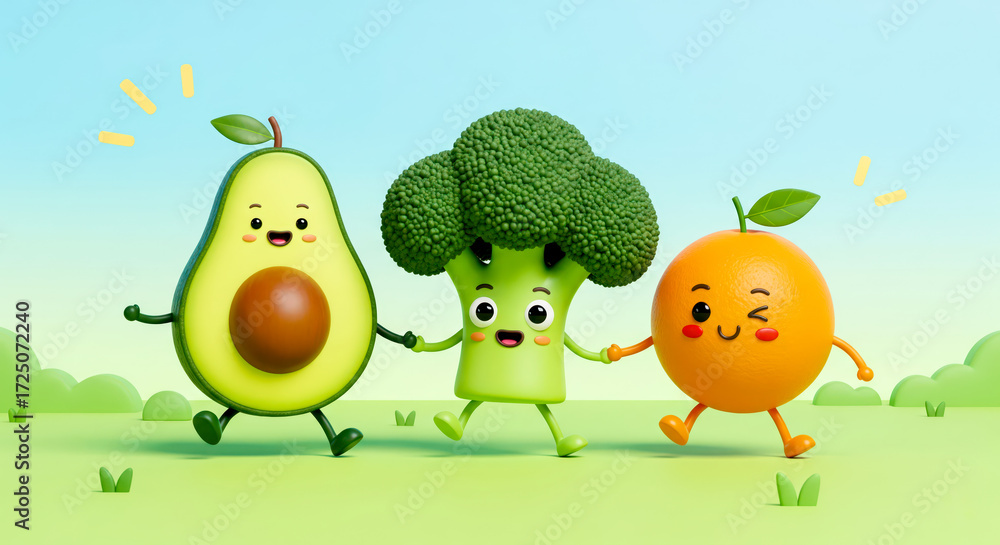 Obraz premium Healthy eating for kids concept with cute 3d cartoon characters of avocado broccoli and orange walking together in green field