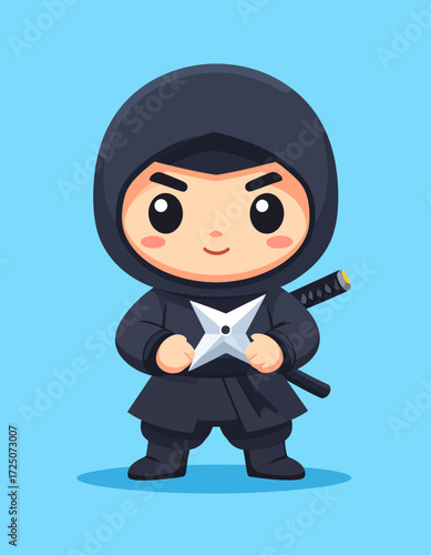 Cute Flat Design Ninja Character Holding Throwing Star Isolated Illustration