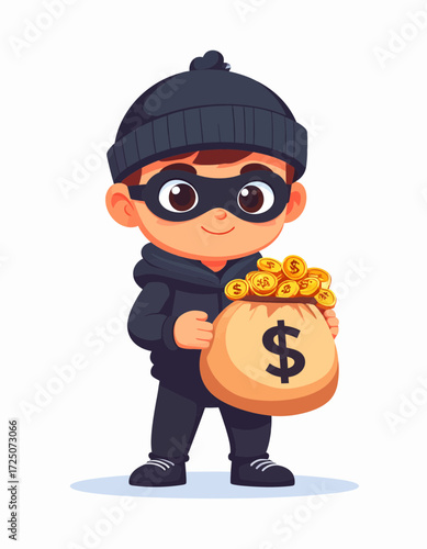 Cartoon Style Thief Character Holding a Bag of Money Illustration