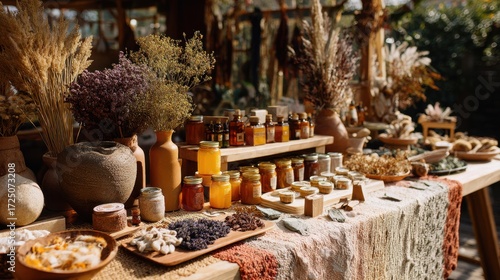 A rustic autumn market display filled with handmade jams, herbal remedies, and dried flowers in a warm, natural setting