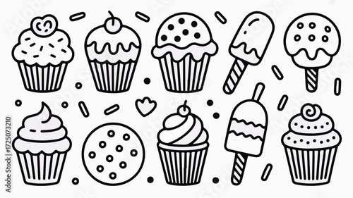 Sweeten your designs with delightful cupcakes, cookies, and ice cream pops, perfect for dessert lovers and bakery promotions, originally a scalable vector graphic