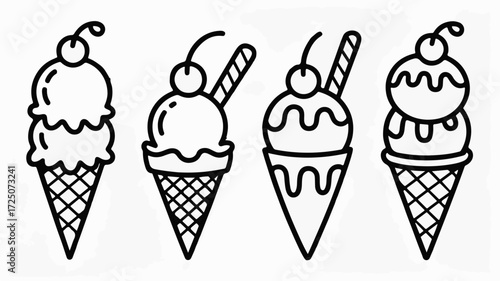 Delightful Ice Cream Cone Collection, Perfect for Summer Treats and Sweet Indulgences, featuring Cherries and Wafers, Ready for Design Projects