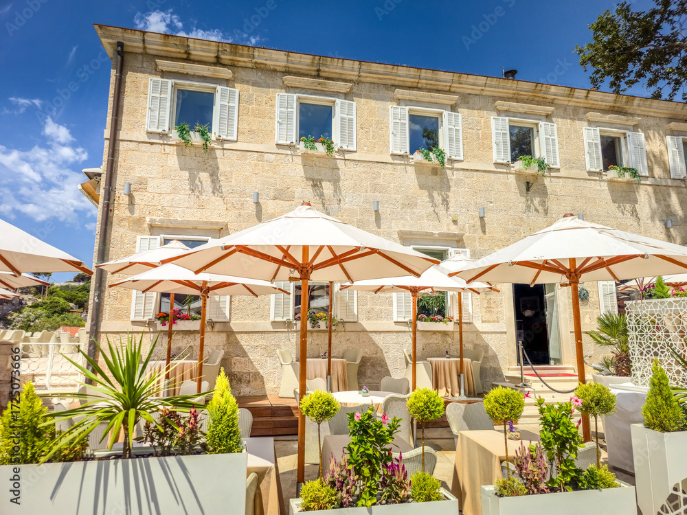 Fototapeta premium Terrace with umbrellas in Dubrovnik, Croatia