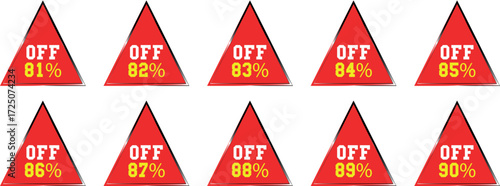 Red Triangle Sale Badges Showing Eighty One to Ninety Percent Off discount percentage