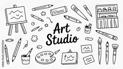 Inspiring art studio design elements for creative projects and educational materials, showcasing art supplies such as paint brushes, easel and drawing tools