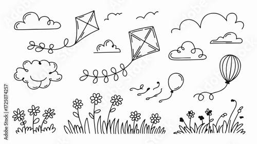 Whimsical hand-drawn kites, clouds, flowers, and balloons create a playful, charming design, perfect for children's illustrations or cheerful spring designs