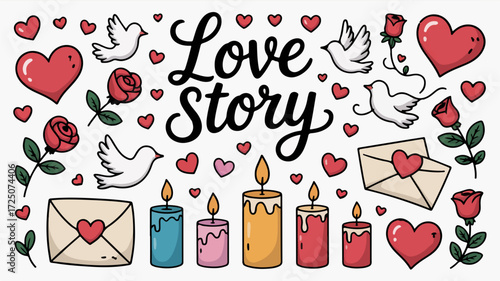 Celebrate your love story with these cute doodles of hearts, roses, doves, candles, and love letters for your Valentine's Day designs and projects
