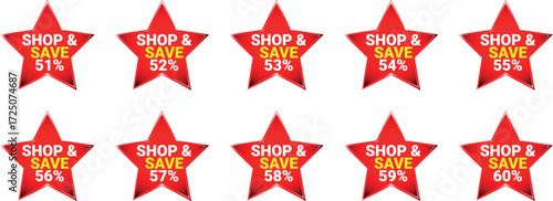 Ten red star badges with shop and save percentages from 51 to 60 sale discount