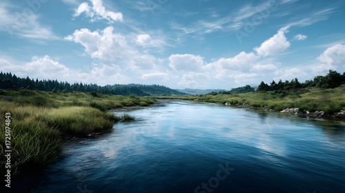 A flowing river winds through a lush green landscape under a bright blue sky with scattered clouds