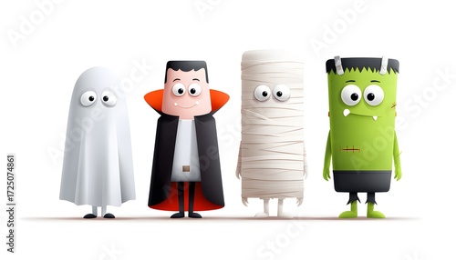 Halloween characters. Ghost, Dracula, Mummy, Frankenstein with smiling. illustration