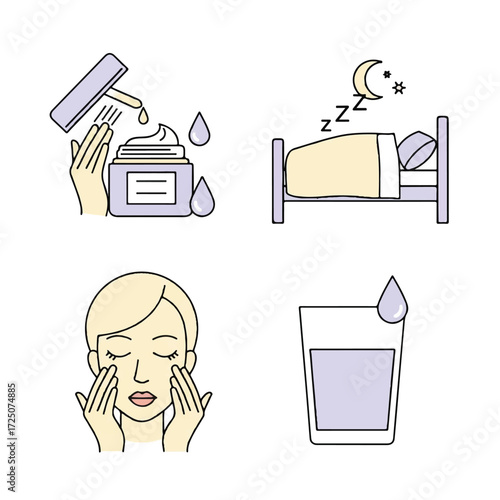 Illustration set depicting a woman experiencing headache, applying cream, sleeping and drinking water in four separate scenes on a clean white background.