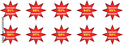Ten red starburst badges with instant discount percentages from 51 to 60 percent sale
