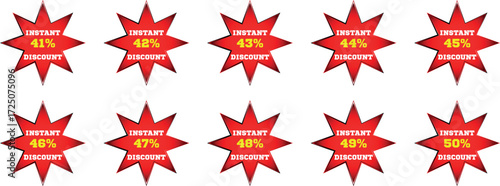 Red star burst badges with instant discount percentages from 41 to 50 percent vector