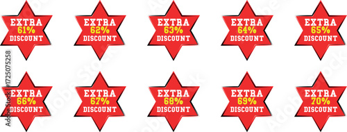Red star badges with text extra 61 percent to 70 percent discount sale