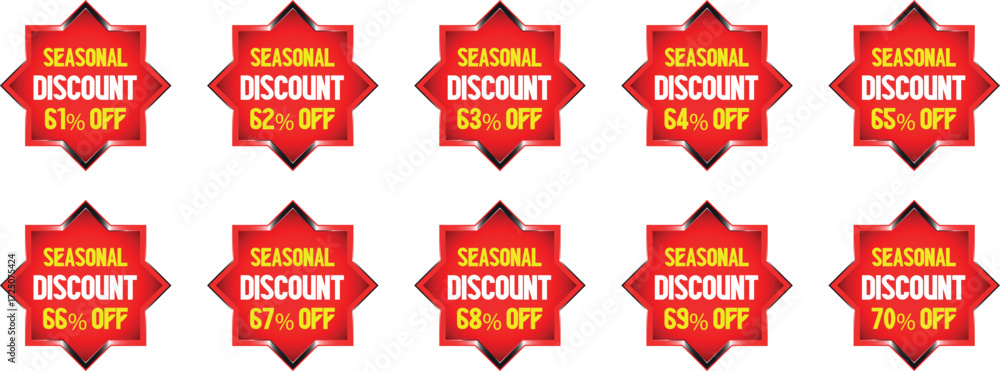 Obraz premium Red starburst badges with seasonal discount text and percentages 61 percent to 70 percent off sale offer