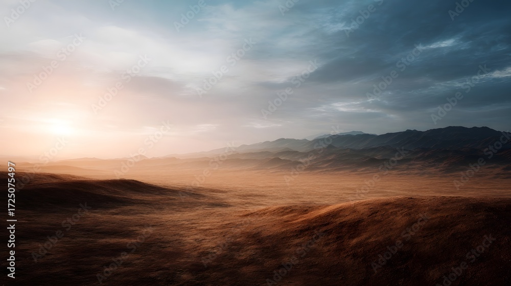 Fototapeta premium A vast desert landscape bathed in the warm glow of golden hour with rolling hills distant mountains and a dramatic cloudy sky