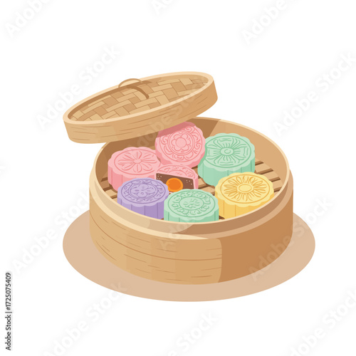 Colorful steamed buns in a bamboo steamer delicious Asian food.